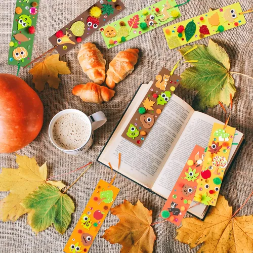 Vista 5 de 32 juegos de marcadores de otoño DIY kit de manualidades de otoño en blanco con hojas de arce y ojos meneantes, calcomanías de espuma con pompones