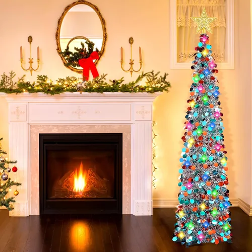 Vista 5 de RACPNEL Árbol de Navidad de oropel desplegable de 5 pies con luces LED, lentejuelas, adorno de árbol, árbol de Navidad plegable artificial
