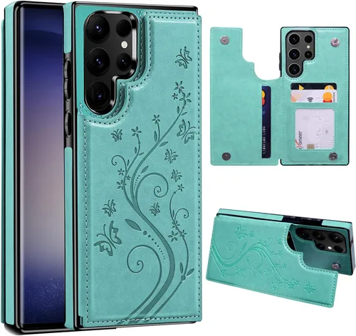 Vista 18 de Korecase - Funda tipo cartera para Samsung Galaxy S23 con tarjetero y tarjetero de piel sintética, diseño de mariposas y flores, color azul