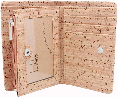 Vista 3 de boshiho Cartera de bloqueo RFID ecológica con corcho biplegable para tarjetas con monedero con cremallera y ventana de identificación (corcho) (01)