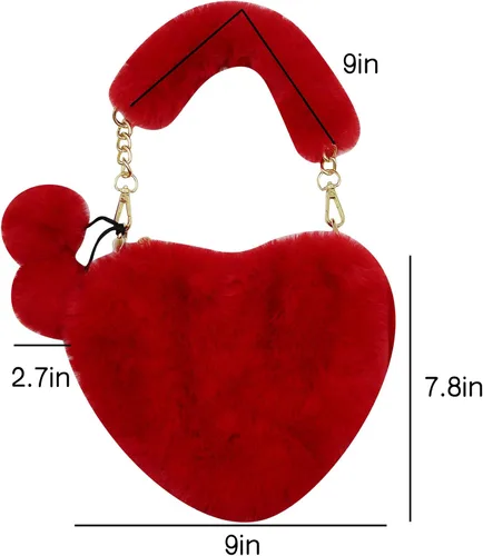 Vista 7 de Bolso de mano de piel sintética con forma de corazón para mujeres y niñas, bolso de hombro de felpa con correa de cadena de metal, Rojo -, Portátil