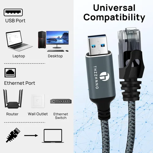 Vista 3 de Cable USB a Ethernet de 3.3 pies, Cable USB 3.0 A a RJ45 macho conectado directamente a la red LAN Gigabit, compatible con laptop, PC, MacBook