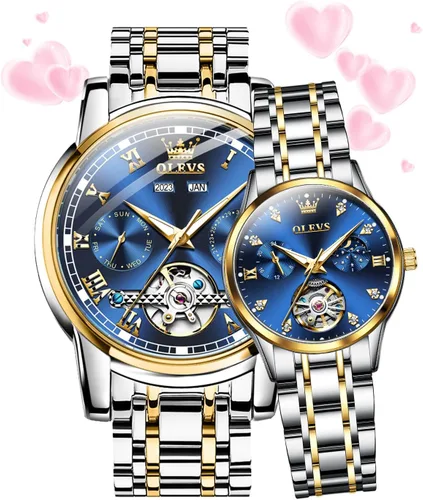 Vista 7 de OLEVS Relojes de pareja para hombres y mujeres, reloj automático para él y ella, tono de remolque, de acero inoxidable, impermeable, luminoso