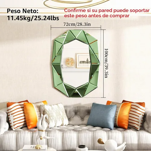 Vista 2 de Espejo de pared ovalado en forma de diamante: marco de espejo verde