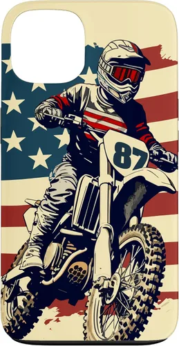 Vista 7 de Funda vintage para iPhone 16 Motocross Rider Dirt Bike con bandera estadounidense