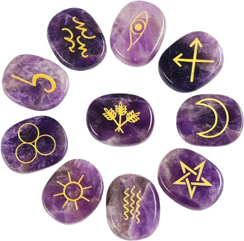 Vista 14 de Rockcloud Cristal curativo negro obsidiana amatista gitana símbolo brujas runas piedras chakras piedra de palma equilibrio Reiki, 10 piezas