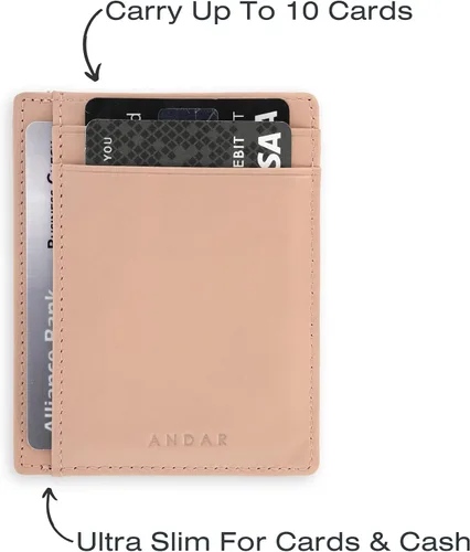 Vista 3 de Andar The Scout Cartera delgada de cuero minimalista bolsillo frontal RFID bloqueo tarjetero hecho de cuero de grano completo, Rosa (Blush)