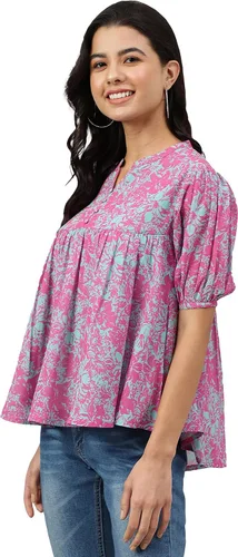 Vista 4 de Janasya Indian Georgette - Camiseta acampanada con estampado digital rosa para mujer