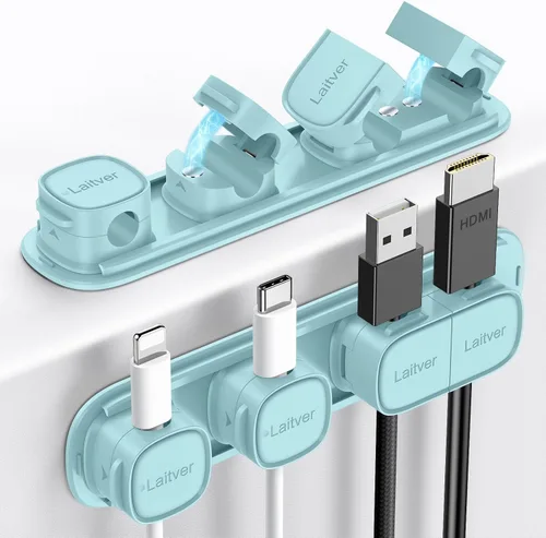 Vista 15 de Paquete de 6 clips magnéticos para cables [apertura/bloqueo en 1s], organizador y sujetador de cables Laitver con adhesivo fuerte para escritorio