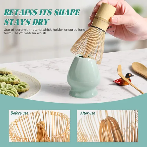 Vista 4 de Juego de batidor de matcha: juego de matcha con batidor de matcha de bambú y soporte de cerámica, cuchara de bambú+cuchara de madera, soporte