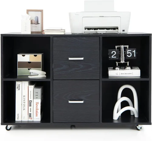 Vista 9 de Archivador de 2 cajones, archivador lateral con estantes y ruedas, aparador de buffet negro, gabinete de almacenamiento rodante, gabinetes de madera