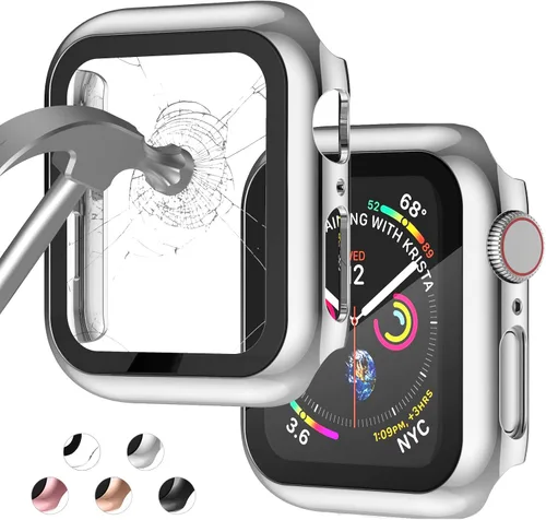 Vista 12 de Adepoy Paquete de 8 fundas con protector de pantalla de vidrio templado compatible con Apple Watch SE3 SE2 SE Series 6/5/4 de 1.575 pulgadas