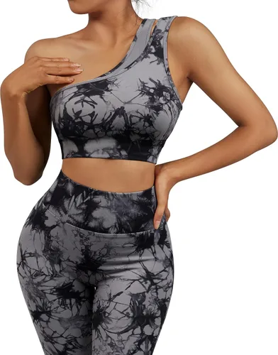 Vista 4 de OMKAGI Conjunto de entrenamiento para mujer, 2 piezas, sin costuras, brasier deportivo de un hombro, leggings para levantamiento de glúteos, trajes