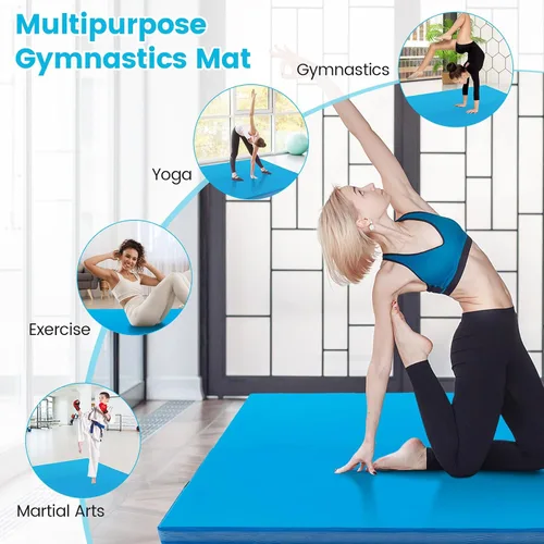 Vista 6 de GYMAX Colchoneta de gimnasia plegable de 4 x 4 pies, 4 pulgadas de grosor con asas de transporte, cubierta de piel sintética, tapete de gimnasio