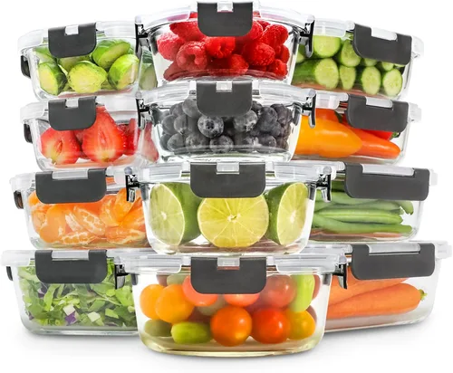 Vista 10 de Freshware - Recipientes de almacenamiento de vidrio con tapas, 24 piezas, recipientes de vidrio para almacenamiento de alimentos con tapas, a prueba