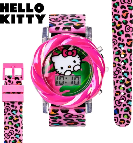 Vista 4 de Reloj LCD Hello Kitty para niñas con luz LED intermitente - Correa rosa vívida, diseño icónico de Hello Kitty, accesorio divertido para enseñar