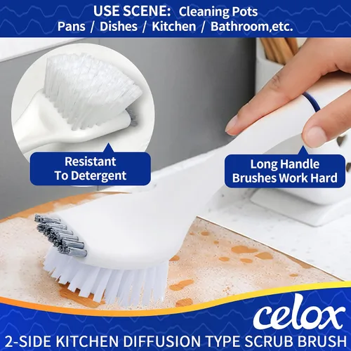 Vista 5 de CELOX Juego de cepillos de cocina con mango ergonómico, cepillos de limpieza profunda, incluye cepillo para platos (azul)