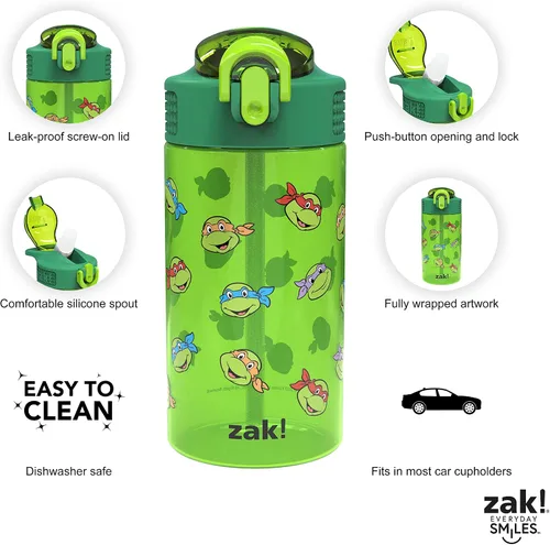 Vista 4 de Zak Designs Teenage Mutant Ninja Turtles - Botella de agua para niños para la escuela o viajes, paquete de 2 botellas de agua de plástico duradero