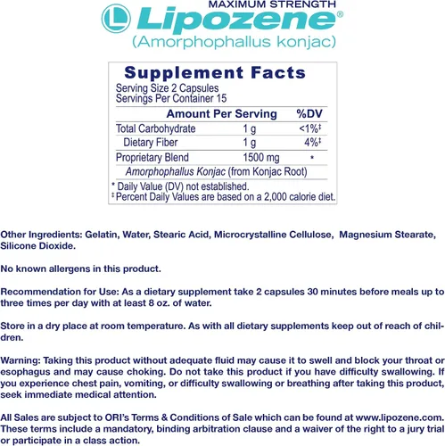 Vista 3 de Lipozene Píldoras de dieta - Suplemento para perder peso - Suprime el apetito - Tres botellas de 90 cápsulas en total