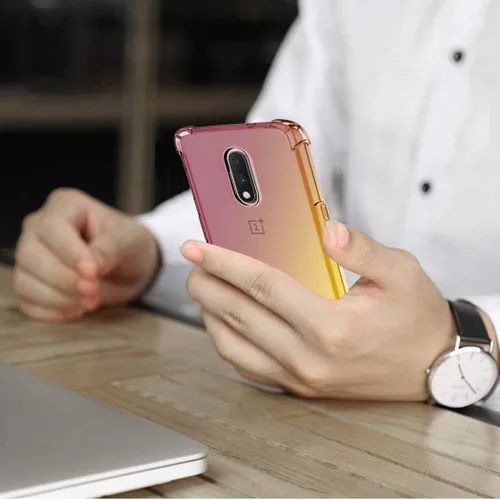 Vista 6 de Funda para OnePlus 6T, OnePlus 7 con protector de pantalla de vidrio templado, lindo degradado transparente delgado, a prueba de golpes, TPU trasero