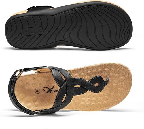 Vista 6 de Athlefit - Sandalias ortopédicas con soporte de arco para mujer, cómodas, con correa en T, sandalias casuales planas con soporte ortopédico