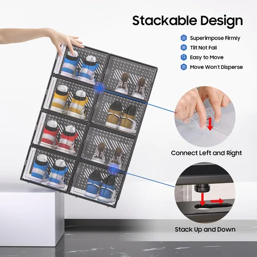 Vista 5 de eWonLife Cajas de zapatos grandes con puerta magnética, paquete de 12 organizadores apilables de almacenamiento de zapatos para armario, contenedor