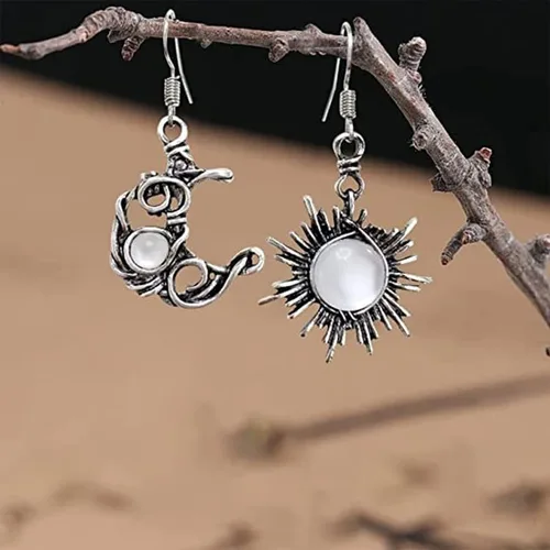 Vista 3 de Aretes colgantes bohemios de ópalo retro de sol y luna, estilo vintage, de plata, de Asimetría, luna, estrella, sol, colgantes, aretes de gota