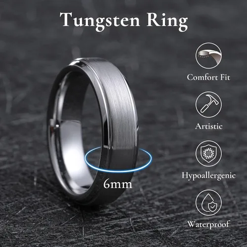 Vista 3 de King Will Anillo de Boda Clásico de Tungsteno para Hombre, Anillos de 6/7/8/9/10mm de Ancho, Acabado Pulido, Borde de Escalón Mate, Ajuste Cómodo