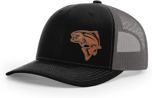 Vista 44 de Sombrero de pesca de salmón con parche de cuero grabado láser Richardson 112 Snapback Trucker Cap