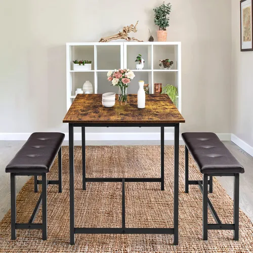 Vista 4 de Alkmaar Juego de mesa de cocina con 2 bancos tapizados para 4 personas, mesa rectangular de metal y madera para espacios pequeños, apartamento