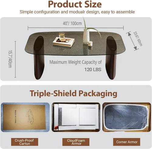 Vista 4 de Mesa de centro moderna de cristal, mesa de centro para sala de estar, tapa de vidrio templado con base de madera resistente, mesas de centro Nogal