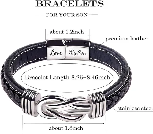 Vista 3 de Pulsera con texto en inglés "To My Son", regalo de mamá, madre e hijo Forever Linked Together, pulsera de cuero con cierre magnético de acero