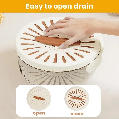 Vista 6 de Cuenco multifuncional para lavar frutas y verduras, cuenco para lavar frutas con colador, recipiente con tapa, escurridor de frutas con asa