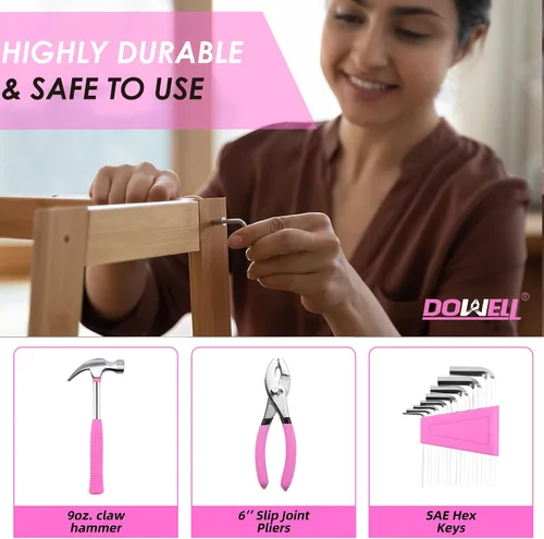 Vista 5 de DOWELL Juego de herramientas para el hogar de 40 piezas rosa, kit de herramientas manuales generales para el hogar con estuche de almacenamiento