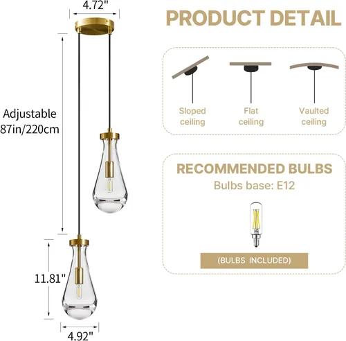 Vista 5 de Lámparas Colgantes de Gota de Lluvia para Isla de Cocina: Lámparas de Gota de Lluvia de Cristal de 2 Luces - Lámparas de Latón Dorado para sobre