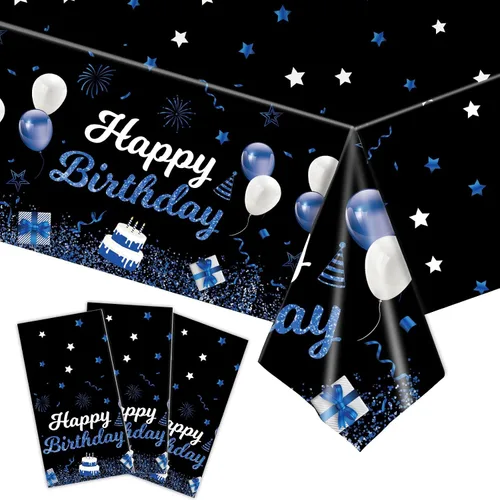 Vista 8 de MRJ Black Party Supplies - Paquete de 3 manteles de feliz cumpleaños con estrellas rosas y negras, decoraciones perfectas para fiestas de cumpleaños