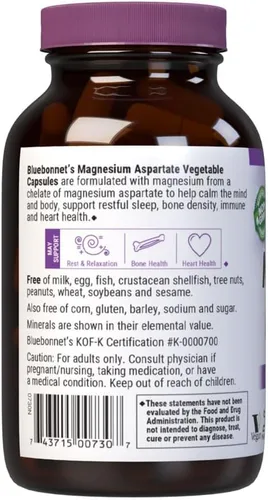 Vista 6 de Bluebonnet Nutrition Magnesio 400 mg de aspartato de magnesio quelatado diario mineral, corazón y hueso* Suplemento para hombres y mujeres vegano