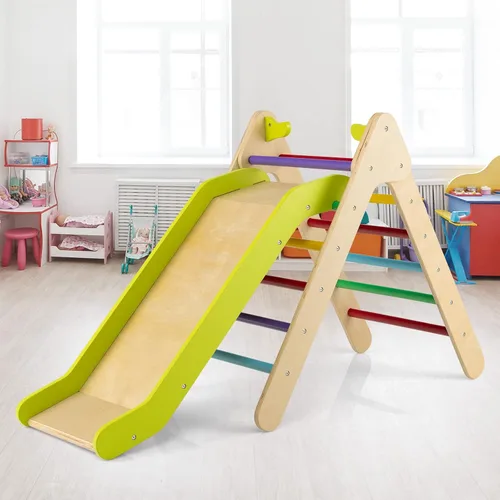 Vista 9 de HONEY JOY Escaladora triangular con rampa, escalera triangular para niños para guardería, gimnasio y parque infantil, juguetes de escalada Colorido
