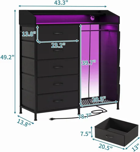 Vista 2 de LUMTOK - Cómoda con estante para colgar, 5 cajones de tela y bolsillo lateral para dormitorio 2 in 1 Black 5 Drawers Dresser with LED&Charging