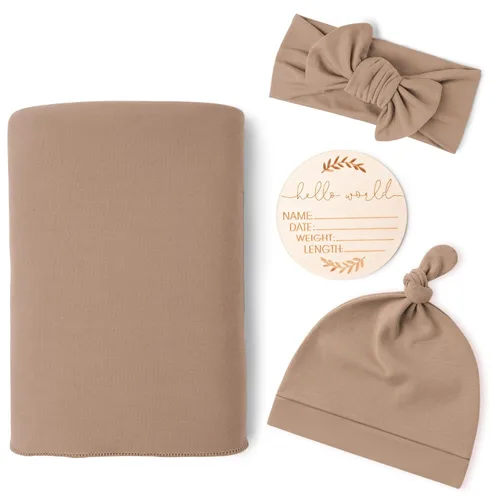 Vista 15 de Konssy Manta para bebé recién nacido con gorro y gorro, manta de recepción Beige