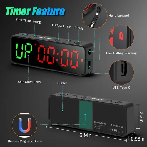 Vista 3 de Reloj pequeño con temporizador de gimnasio, cronómetro, temporizador de intervalos de entrenamiento con potente imán incorporado, pantalla digital