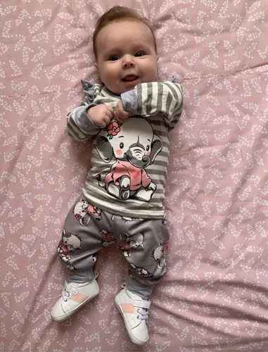 Vista 3 de Conjunto de ropa de bebé niña 2 piezas de manga larga con patrón de dibujos animados trajes infantiles Gris