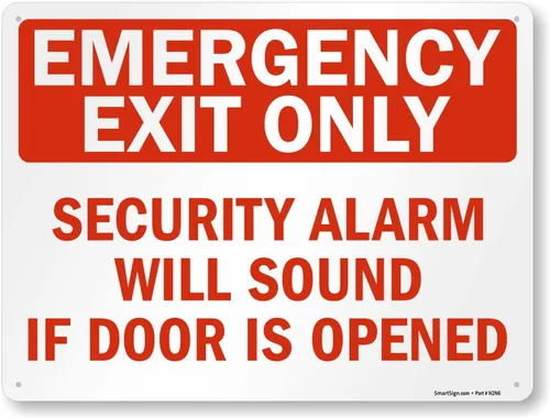 Vista 19 de SmartSign Letrero de metal con texto en inglés «Emergency Exit Only – Security Alarm Will Sound If Door Is Opened», aluminio de 63 mil