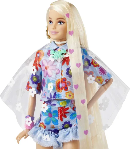 Vista 3 de Barbie Muñeca extra y accesorios con pelo rubio extra largo con traje floral y poncho con conejito de mascota