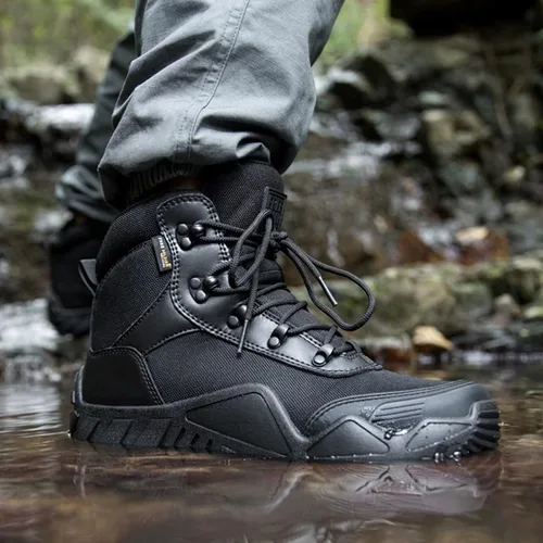 Vista 8 de FREE SOLDIER Botas de senderismo impermeables para hombre, botas de trabajo tácticas, botas militares ligeras al aire libre negro (Mid Black)