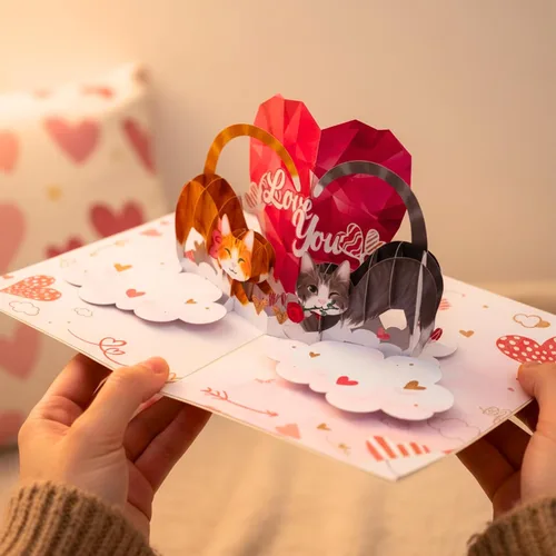 Vista 5 de Tarjeta romántica de San Valentín con diseño de gato, 3D, para pareja, gato, para esposa, marido, él, novia, novio, adultos 6 x 8 pulgadas