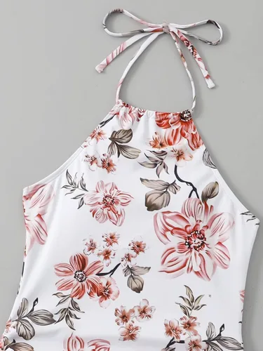 Vista 5 de Floerns Traje de baño tankini halter de 2 piezas con estampado floral y control de abdomen y braguitas