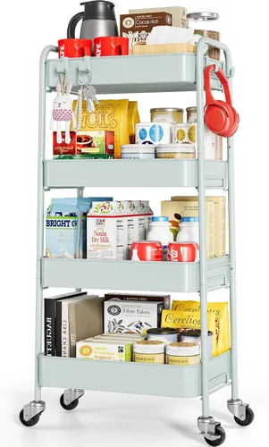 Vista 17 de TOOLF Carrito de metal de 3 niveles con ruedas, carrito organizador de almacenamiento para cocina, baño, oficina, artículos esenciales para bebés