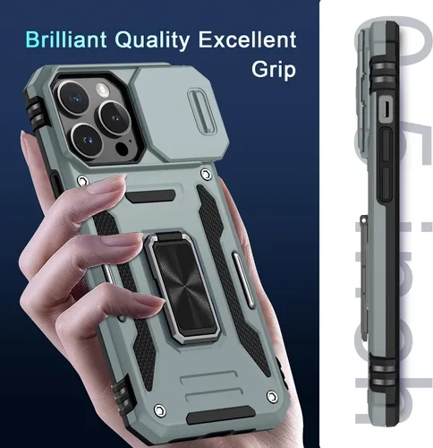 Vista 45 de DEERLAMN Funda para iPhone Xs Max con funda deslizante para cámara + protector de pantalla, soporte giratorio de anillo de grado militar a prueba