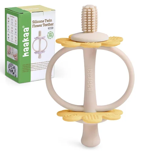 Vista 13 de juguetes de dentición de silicona para bebés haakaa, extremo con forma de pezón para masaje de encías, cabeza de cepillo de dientes de 360°